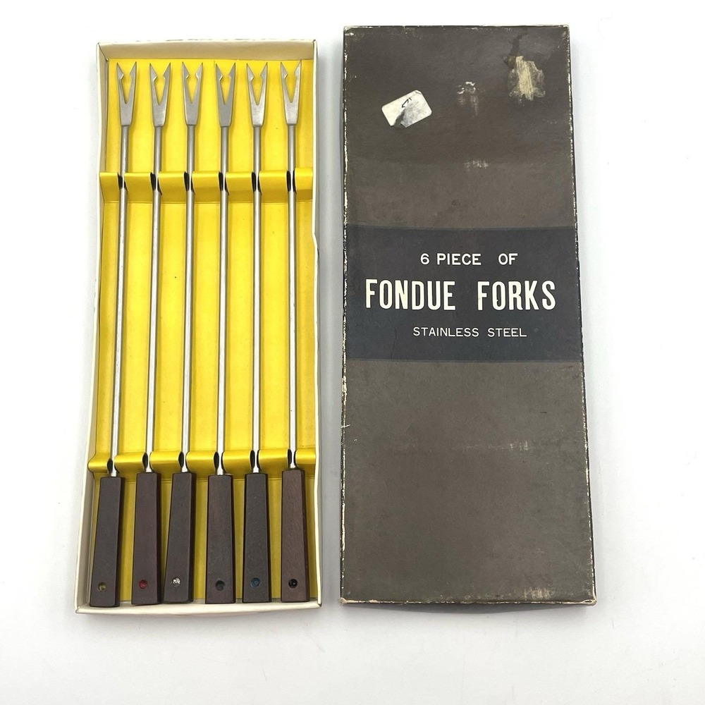 Vtg MCM (6) Fondue Forks Set Danish Modern‎ Wood Handle Stainless Steel w Box